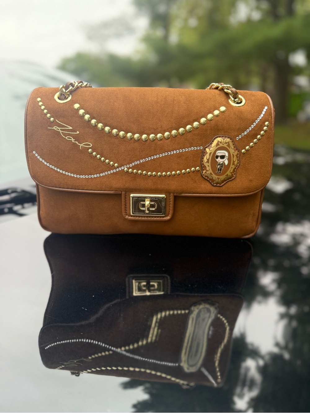 Karl Lagerfeld Cognac Brown Suede Shoulder Bag with Gold Accents